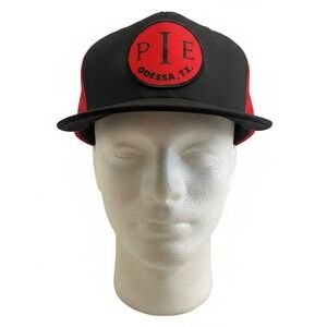 Vintage DeLong PIE Odessa TX Trucker Hat Mesh Snapback USA Made Red Black Patch